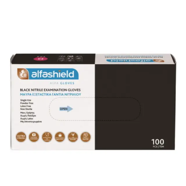 Karabinis Medical Alfashield Alfa Gloves Γάντια Νιτριλίου Χωρίς Πούδρα σε Μαύρο Χρώμα 100τμχ