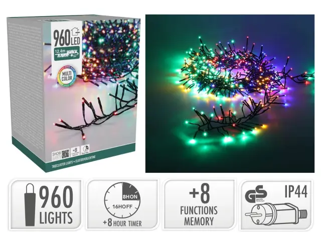 960 Φωτάκια LED - 12.4 Μέτρα + 3 Μέτρα σύνδεσης, Κανονική Διάταξη, με χειριστήριο, 8 προγράμματα, Πράσινο καλώδιο PVC - Πολύχρωμο AX9560240 2