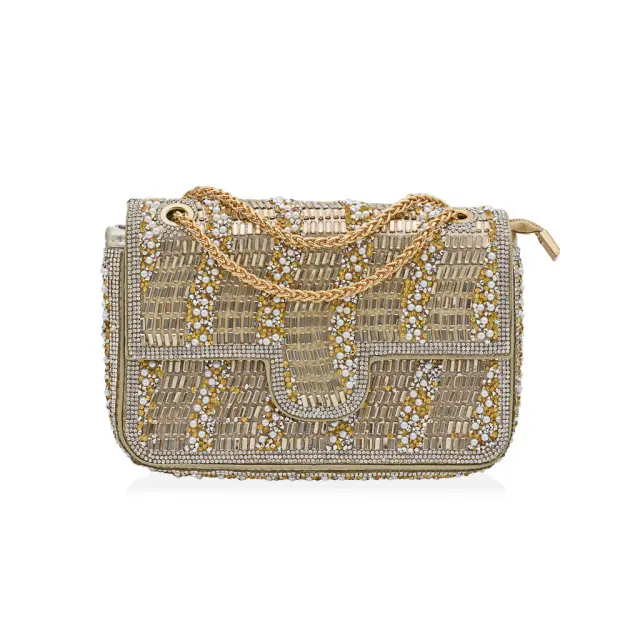 Ghetto Crystal Embellished Evening Bag with Chain Strap | Luxury Statement Handbag Gold