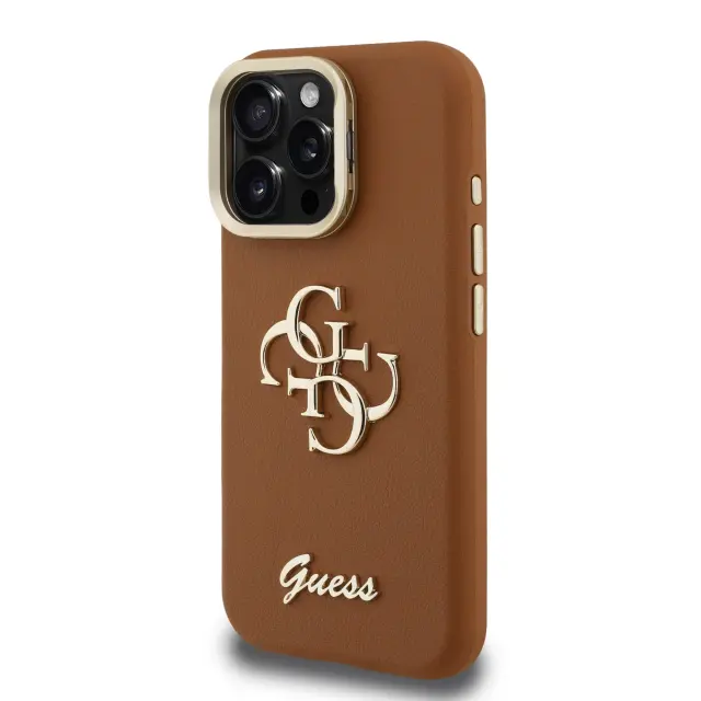 Guess PU Grained 4G Logo Stand Camera Frame Case for iPhone 15 Pro Max Brown 2