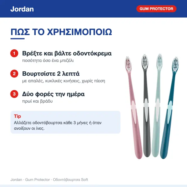 Jordan Gum Protector Οδοντόβουρτσα Soft για Ευαίσθητα Ούλα (Τυχαία Επιλογή Χρώματος) 3
