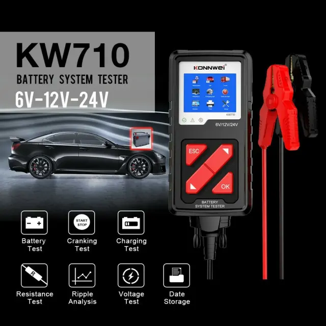 Konnwei Ελεγκτής Ανάλυσης Μπαταριών KW710 Ψηφιακό Battery Tester με Κροκοδειλάκια 3