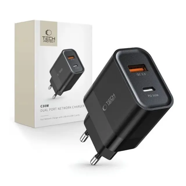 Tech-Protect Φορτιστής C30W USB-C PD 30W / USB-A QC 3.0 Black