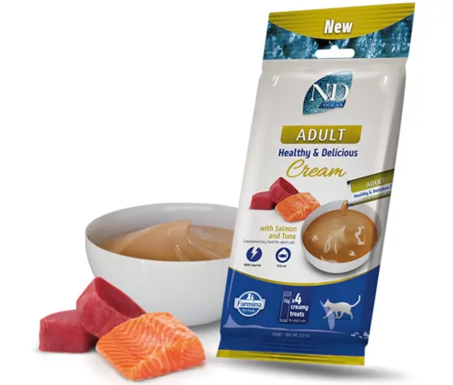 FARMINA N&D Ocean Cat Cream with Salmon & Tuna adult box – cat treat for adult cats – 4x15g