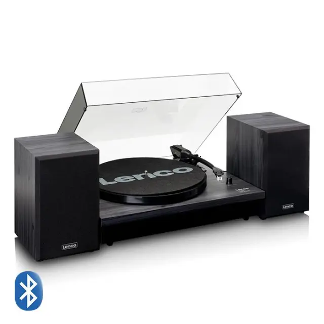 Πικάπ με 2 εξωτερικά ηχεία 20W, σύνδεση Bluetooth και βύσμα EE/UK, σε μαύρο χρώμα.