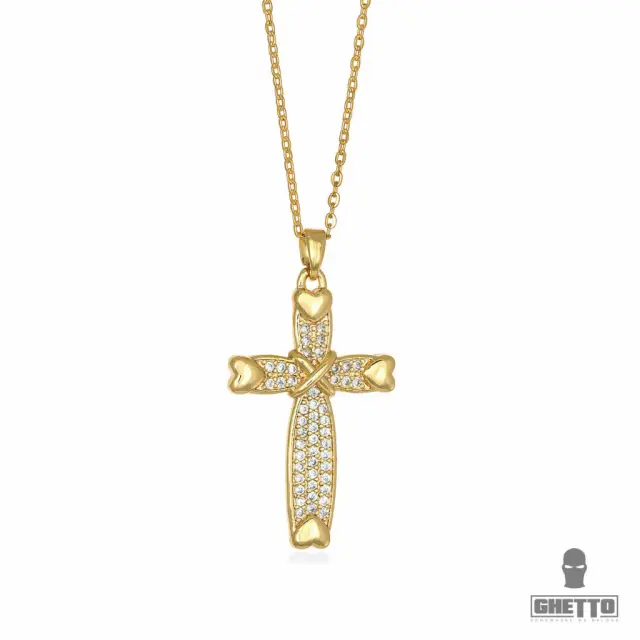 Ghetto Cross Zircon with Hearts Pendant Necklace Gold