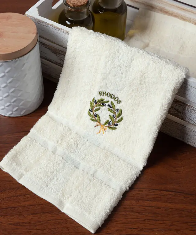 Δωδεκάδα πετσέτες χεριών (30cm x 50cm) ivory με στεφάνι ΡΟΔΟΣ -