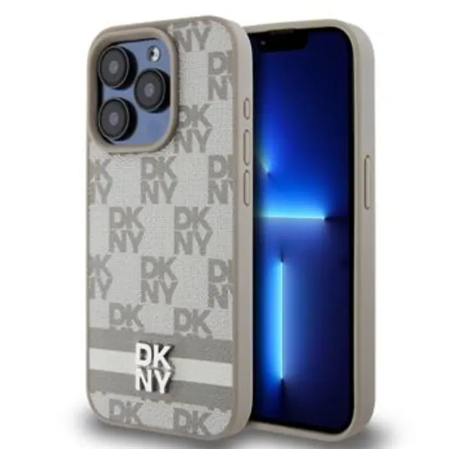 DKNY PU Leather Checkered Pattern and Stripe Case for iPhone 13 Pro Beige