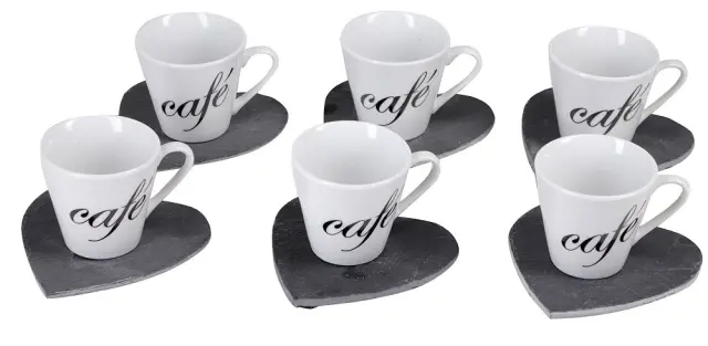 Κούπα 6cl 'Cafe' Με Πιατάκια Καρδιές Λευκό/Μαύρο Κεραμικό Σετ 12Τμχ