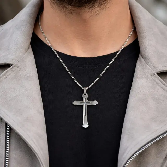 Ghetto Men’s Stainless Steel Cross Necklace | Silver Finish 2
