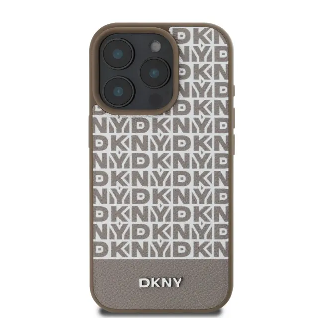 DKNY PU Leather Repeat Pattern Bottom Stripe MagSafe Case for iPhone 16 Pro Max Brown 2