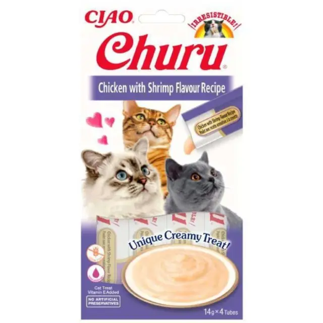 Ciao Churu Λιχουδιά σε Κρέμα με Γεύση Κοτόπουλο & Γαρίδα για Γάτες (4x14gr) Μονόχρωμο