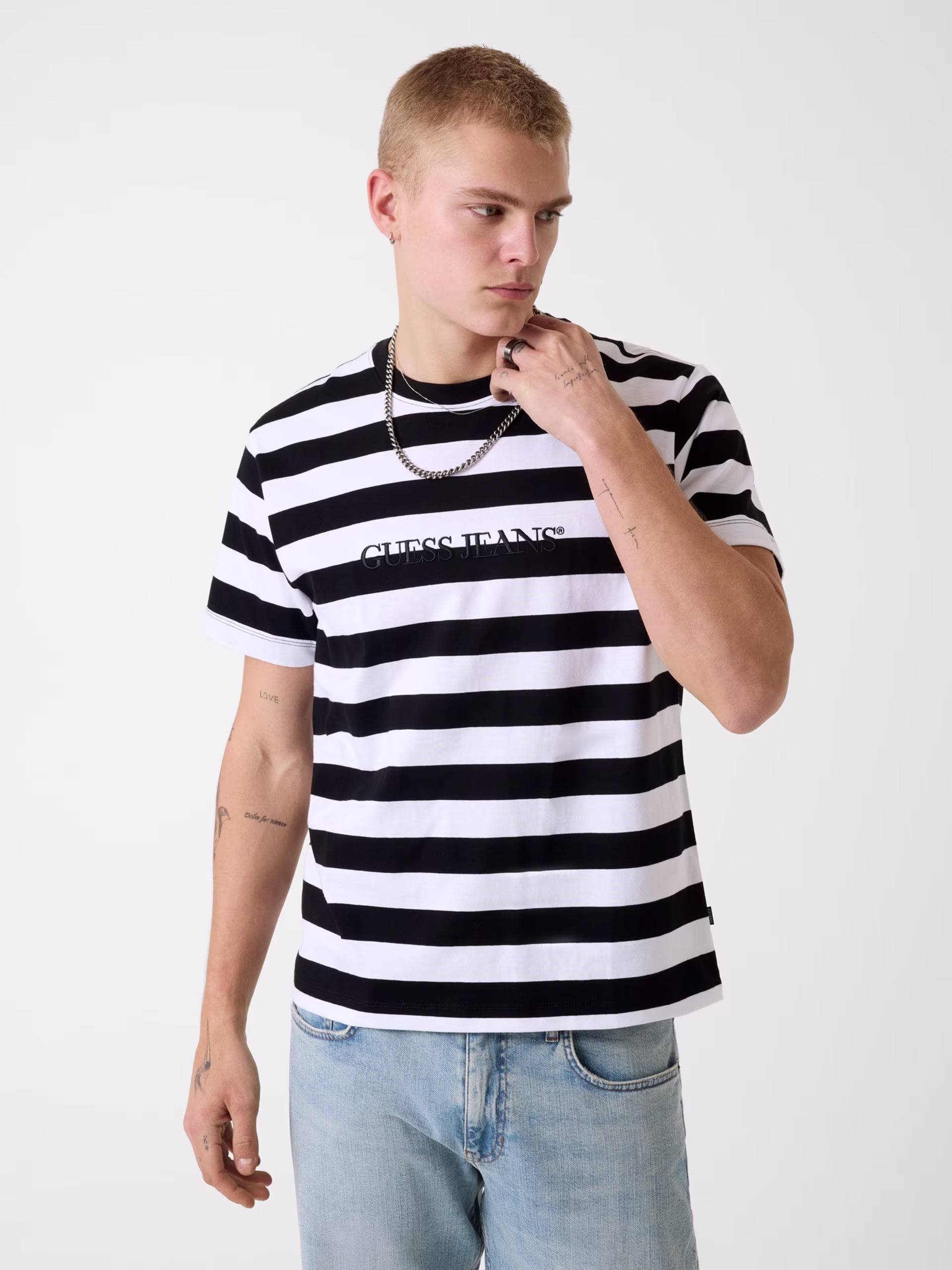 Guess Ανδρικό Άσπρο Μαύρο Ριγέ T-Shirt Άσπρο Μαύρο - L