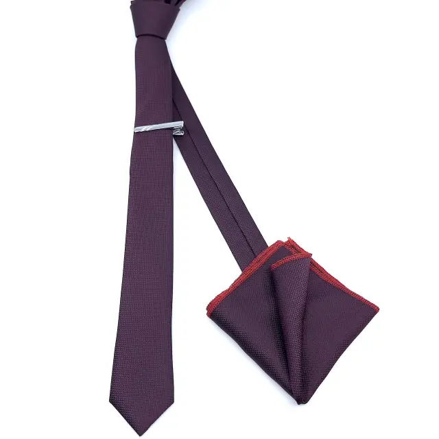 Μπορντό Γραβάτα Slim 4,5 cm Σετ με Μαντηλάκι 2