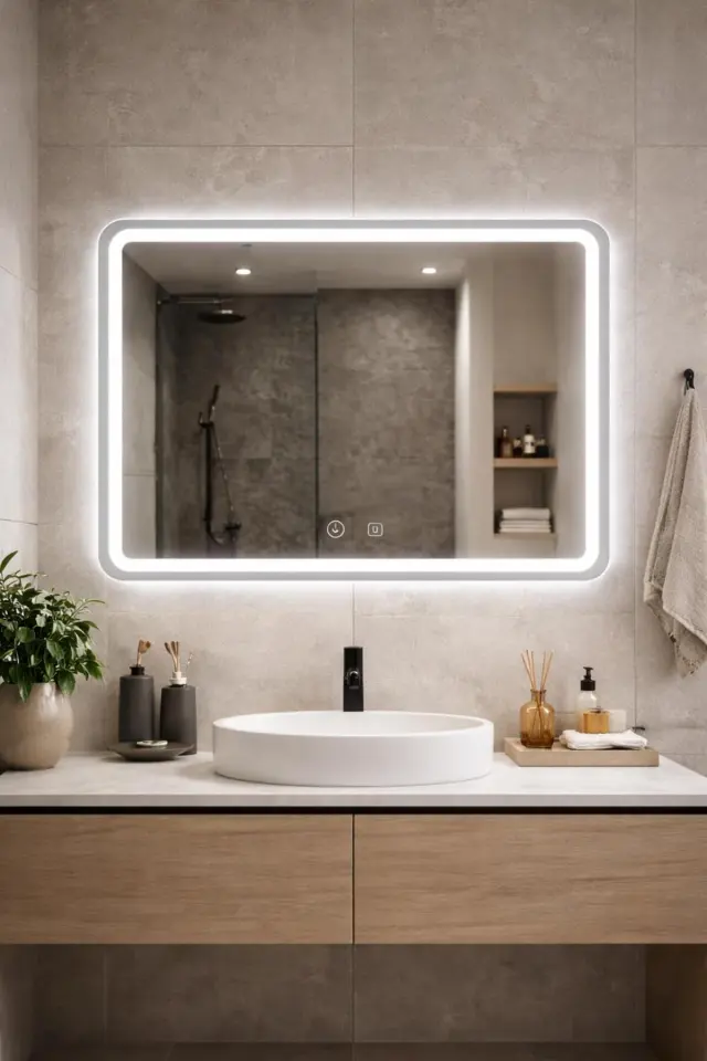 Stewehome Ορθογώνιος καθρέφτης μπάνιου με LED φωτισμό και αντιθαμβωτική λειτουργία 80x60 cm 2