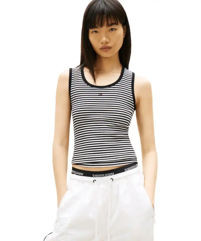 Tommy Hilfiger - Γυναικείο T-shirt Αμάνικο Rib Essential Tank Top Slim Fit DW0DW20673-0AQ Ριγέ Μαύρο - L