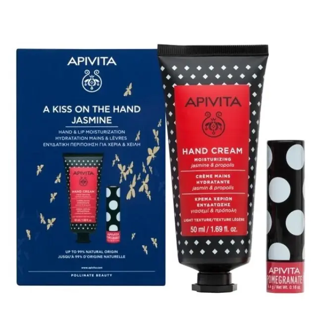 Apivita A Kiss On The Hand Jasmine Promo με Hand Cream Κρέμα Χεριών Ενυδάτωσης Ελαφριάς Υφής, 50ml + Lip Care Pomegranate Ενυδατικό Χειλιών, 4.4g, 1σετ