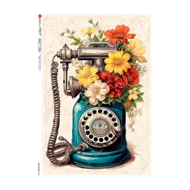 Ριζόχαρτο για Decoupage PaperD, Vintage τηλέφωνο με λουλούδια, 30x40cm