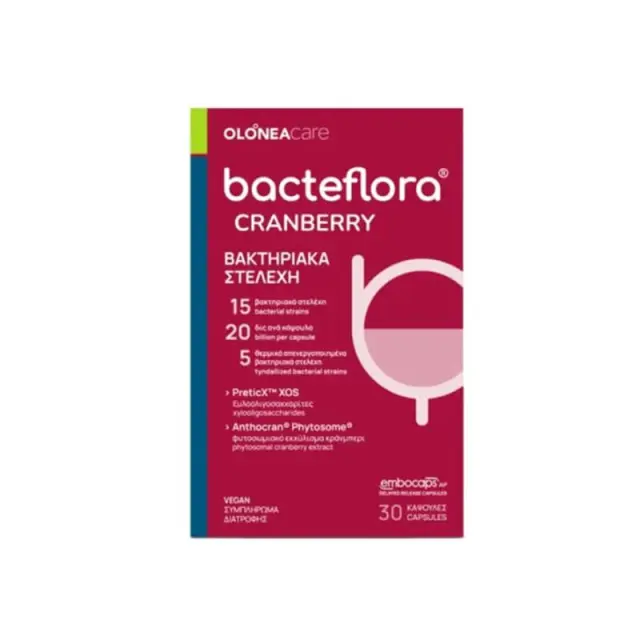 Olonea | Bacteflora Cranberry για την Προστασία του Ουροποιητικού Συστήματος με Προβιοτικά Πρεβιοτικά Μεταβιοτικά & Φυτοσωμιακό Εκχύλισμα Cranberry | 30 Κάψουλες