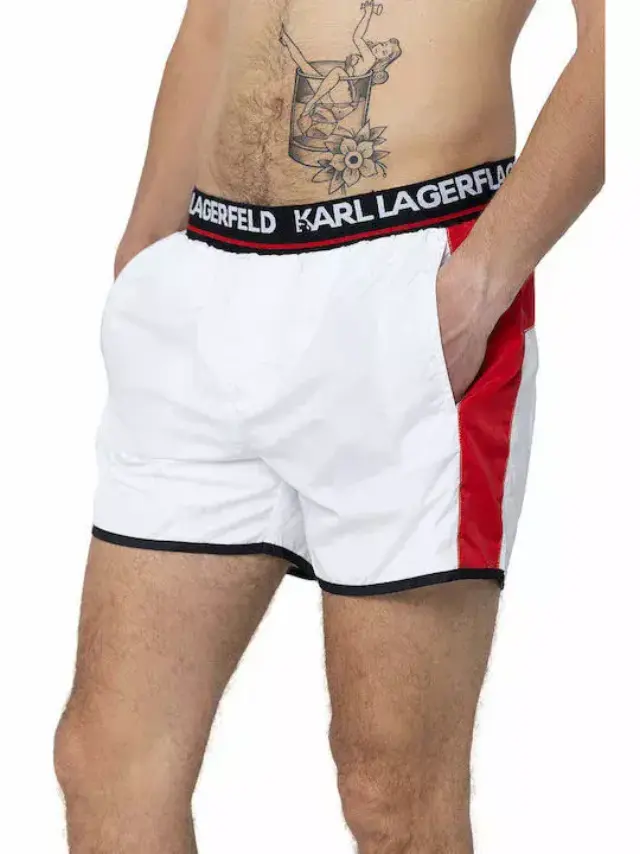 Karl Lagerfeld - Ανδρικό Μαγιό Σορτς με Ρίγες KL21MBS04-WHITE Λευκό - S