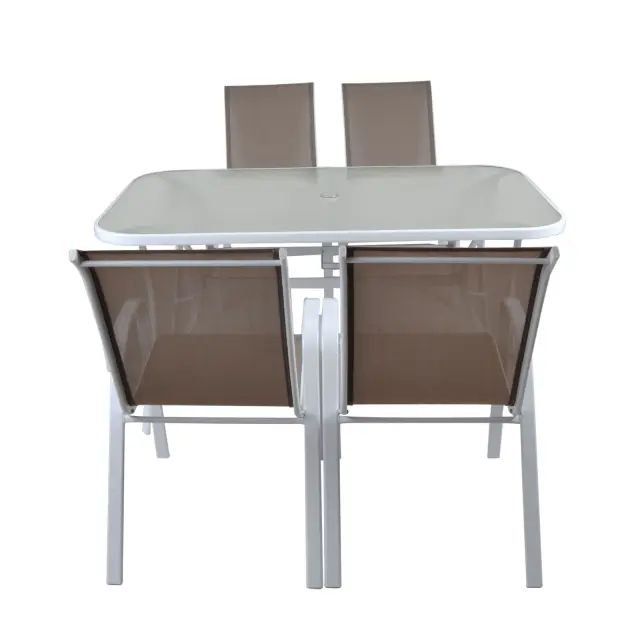 Σετ RIO Μεταλλικό Λευκό/Text.Cappuccino/Γυαλί Pear Clear Τραπ:120x70x71/Πολ:56x73x93 cm