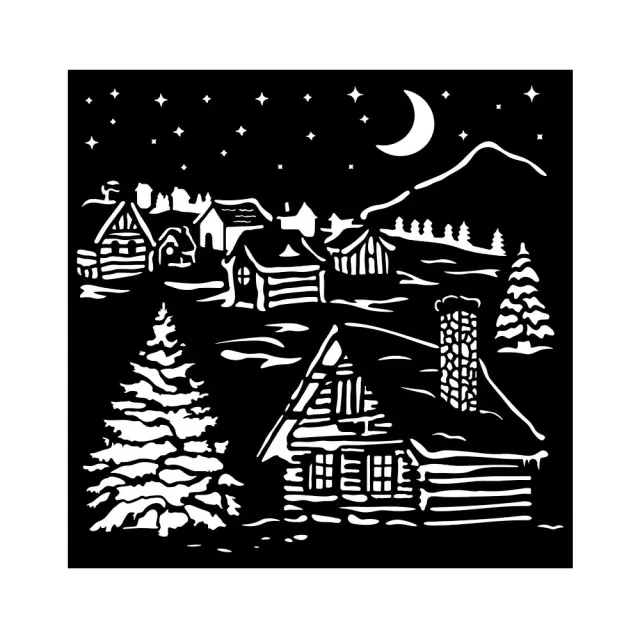 Thick Stencil Stamperia 18x18cm, The Owl's House, Χιονισμένα σπίτια