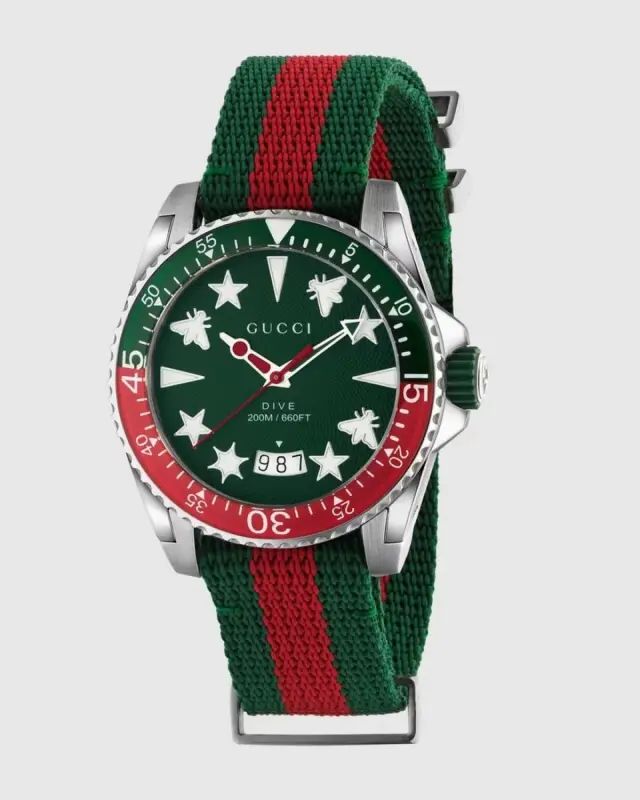 Gucci Dive YA136339 Ανδρικό Ρολόι 40mm Πράσινο με Κόκκινο-Πράσινο Web Λουράκι - One Size