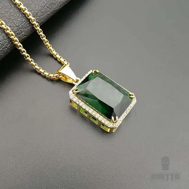 Ghetto Pendant Stainless Steel Gemstone Necklace Green