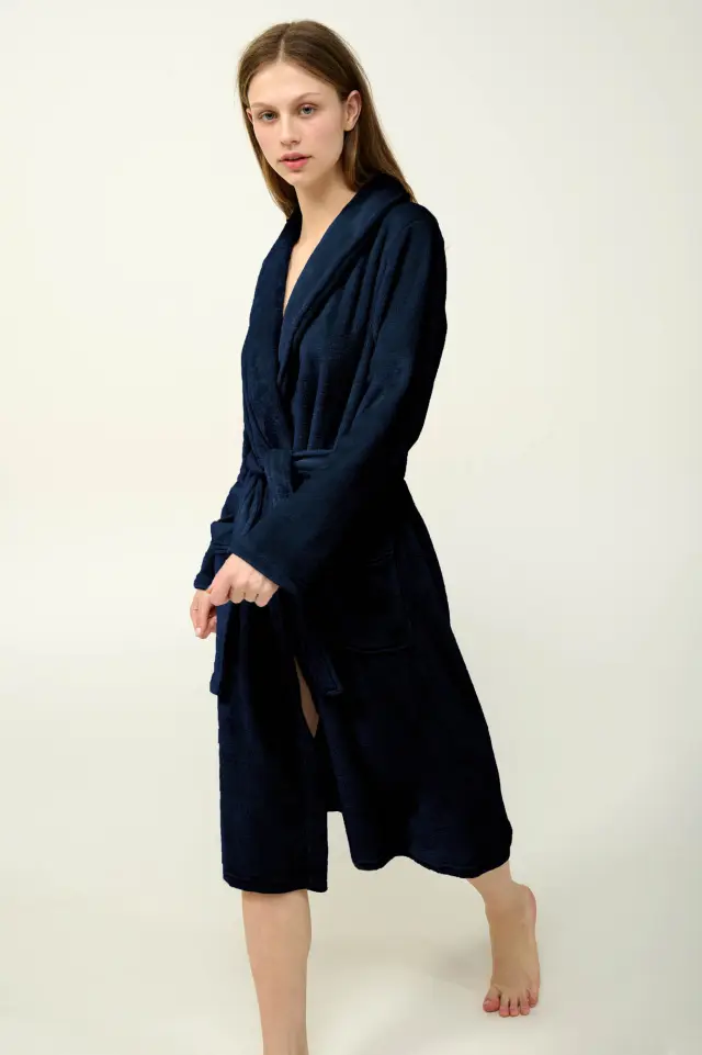 Μονόχρωμη Μακριά Γυναικεία Ρόμπα Fleece Vamp 23361 BLUE 2