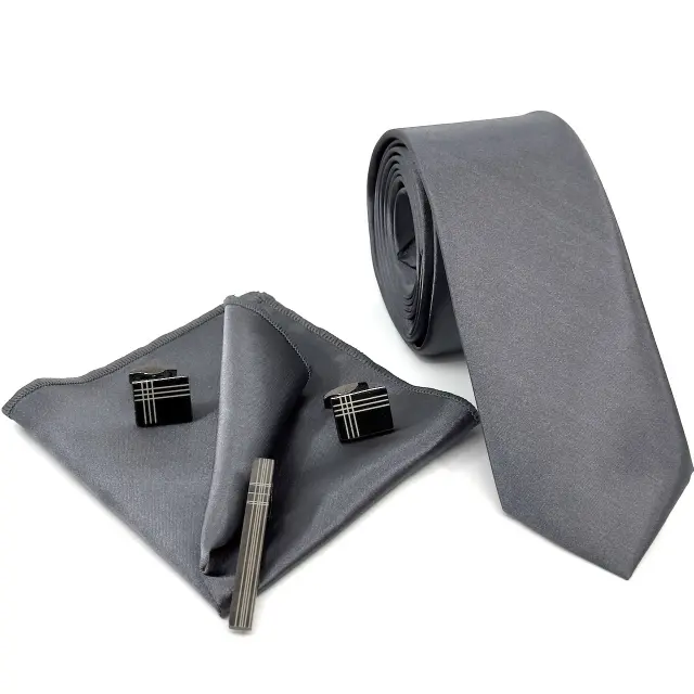Γκρι Dim Gray Γραβάτα Σατέν Ματ 6,5 cm με Ασορτί Μαντήλι