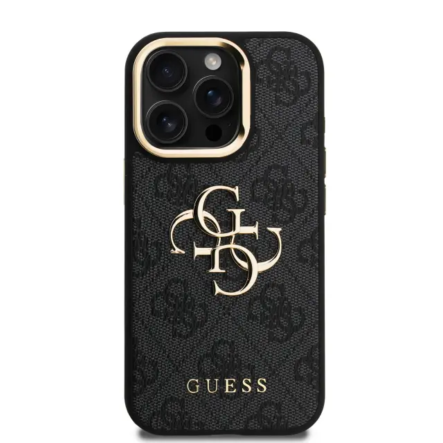 Guess PU 4G Metal Logo Stand Camera Frame Case for iPhone 15 Pro Black 3