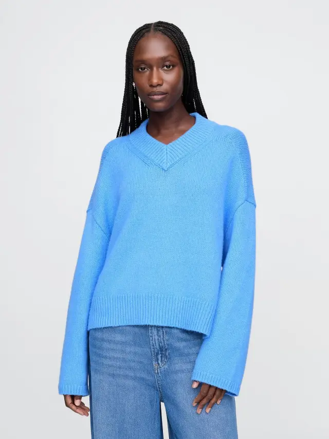 Τιρκουάζ CashSoft Oversized V-Neck Πουλόβερ Union blue - L