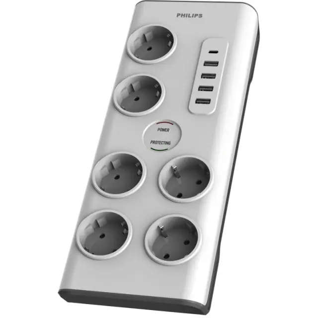 Πολύπριζο Ασφαλείας Philips SPN7060WA/GRS - 6x Schuko - 4x USB-A, 1x USB-C - Με Διακόπτη On/Off - Καλώδιο 2m - ΛευκόSPN7060WA/GRS