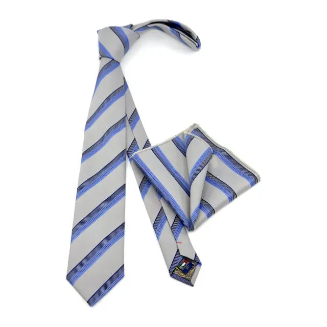 Ασημί–Μπλε Ριγέ Γραβάτα Microfiber Σετ με Μαντήλι 6,5 cm 3