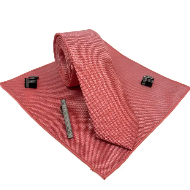 Κοραλί Coral Γραβάτα Oxford 6,5 cm με Ασορτί Μαντήλι 3