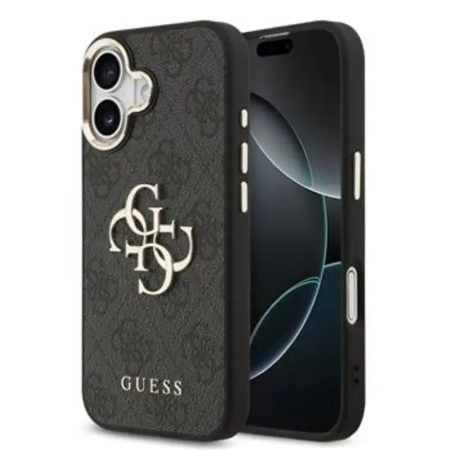 Guess PU Leather 4G Metal Logo Gold Frame Case for iPhone 17 Black