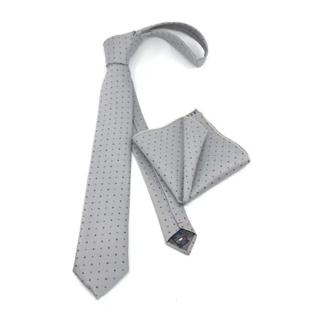 Ασημί–Navy Πουά Γραβάτα Microfiber Σετ με Μαντήλι 6,5 cm 3