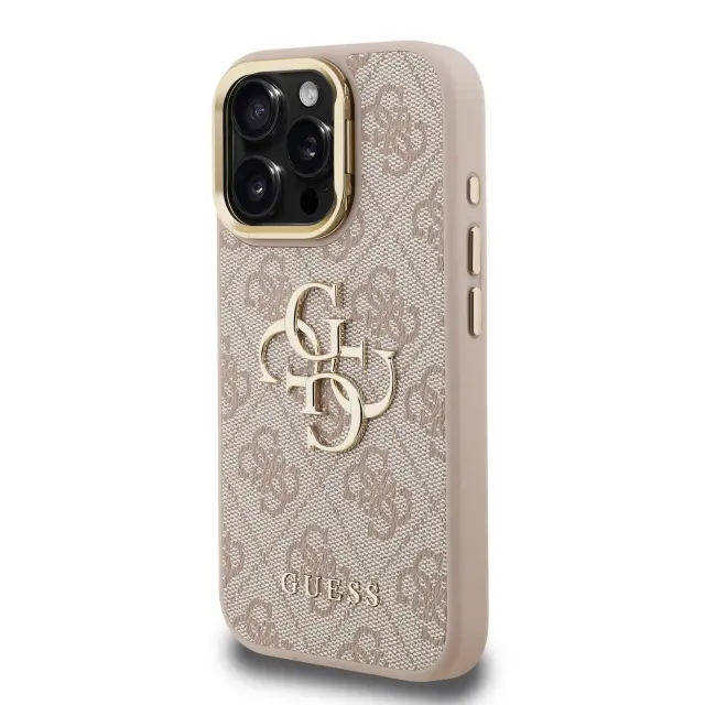 Guess PU 4G Metal Logo Stand Camera Frame Case for iPhone 16 Pro Pink 2