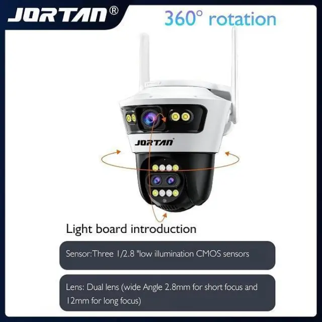 Κάμερα JORTAN 9MP Wifi, εξωτερική οθόνη 3 αισθητήρων με υβριδικό ζουμ 8x, διεπαφή Ethernet RJ45, λειτουργία έξυπνου συναγερμού, ανίχνευση κίνησης AI, έγχρωμη νυχτερινή όραση και ήχος 2 δρόμων JORTAN5PRO
