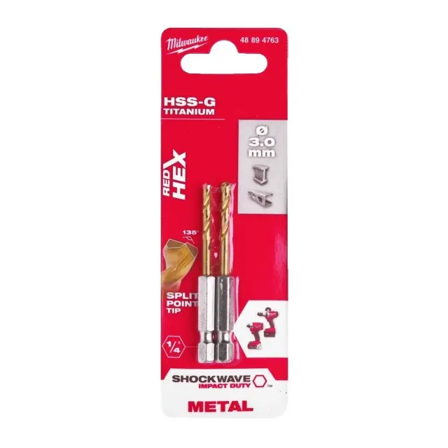 Τρυπάνι Αέρος Τιτανίου 1/4" Φ3mm MILWAUKEE HSS-G TIN RED HEX Σετ 2Τμχ 2