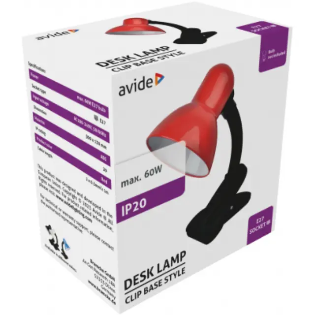 Avide Basic Φωτιστικό Γραφείου Κλιπ Κόκκινο Max 60W 15.001.2029 2