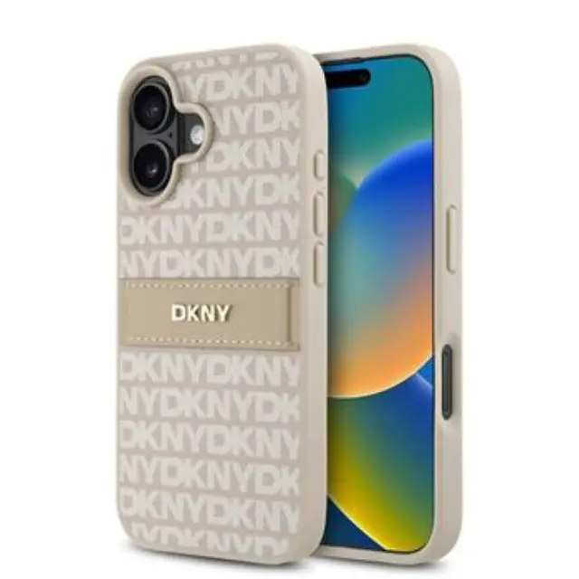 DKNY PU Leather Repeat Pattern Tonal Stripe Case for iPhone 16 Plus Pink