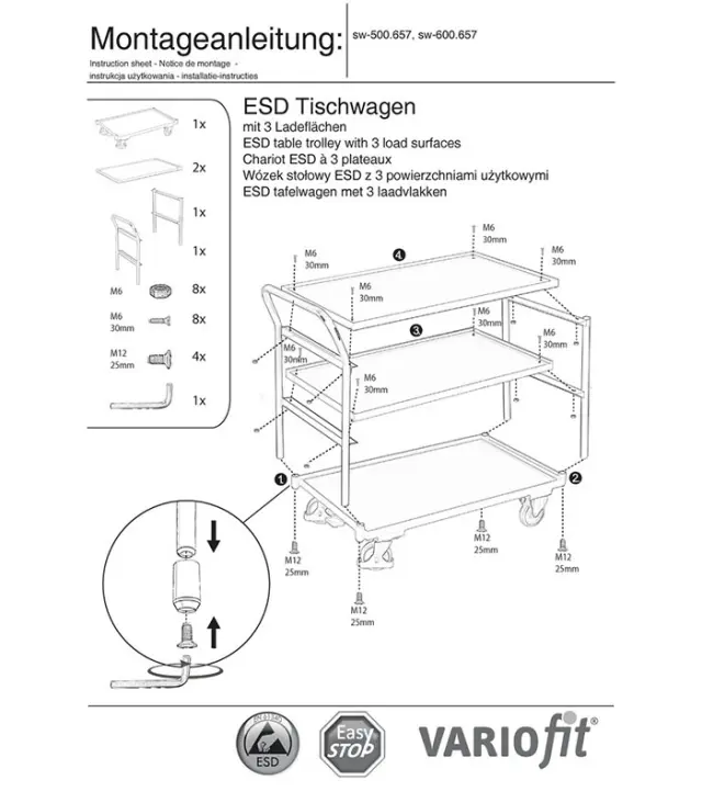 Variofit sw-500.657 Τρόλεϊ Μεταφοράς ESD 3 Επιπέδων για Φορτίο Βάρους ως 250kg 2