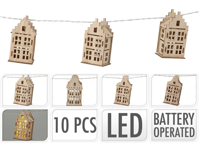 Γιρλάντα με ξύλινα σπιτάκια 10 LED φωτάκια, με μπαταρία - Θερμό λευκό AMZ108030 2
