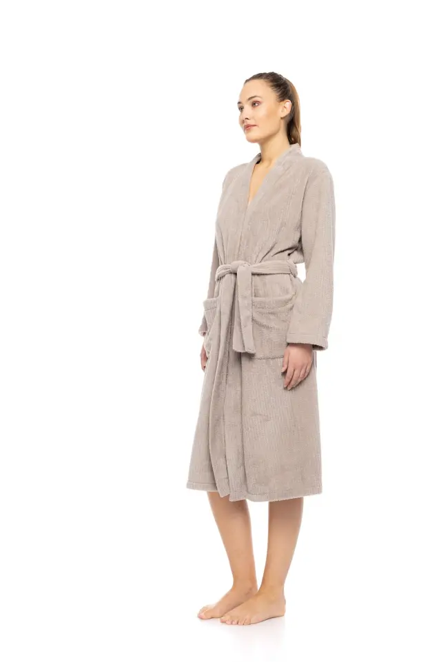 W1881 - Sand - ROBE LONG FLEECE STRIPE 2