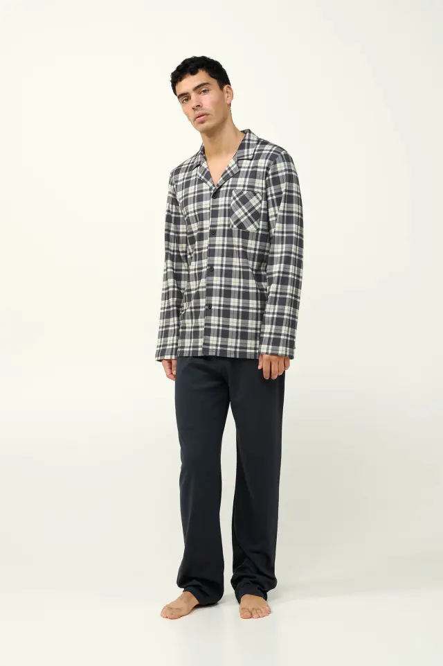 Κουμπωτή Ανδρική Πυτζάμα Βαμβακερή Vamp 23642 DARK GRAY