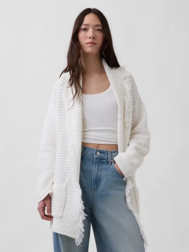 Oversized Ζακέτα με Κρόσσια και Σάλι New off white - L/XL