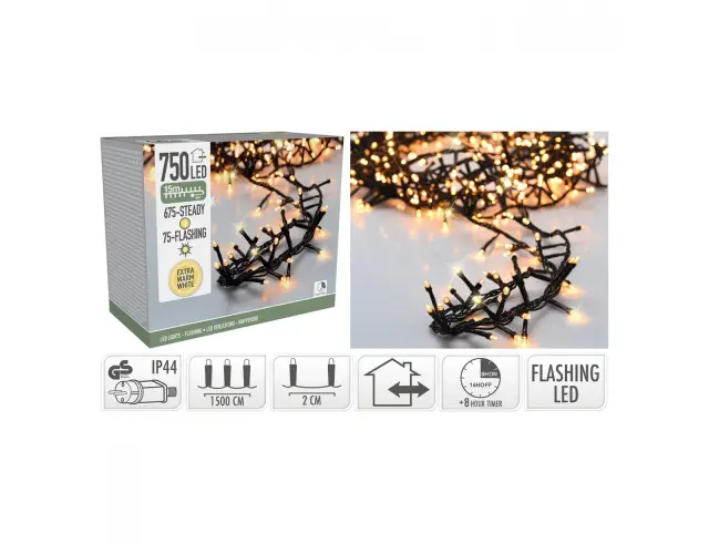 750 Φωτάκια LED - 15 Μέτρα + 3 Μέτρα σύνδεσης, Πυκνή Διάταξη, 10% Flash, Πράσινο καλώδιο PVC -'Εξτρα θερμό λευκό AGL000310 2