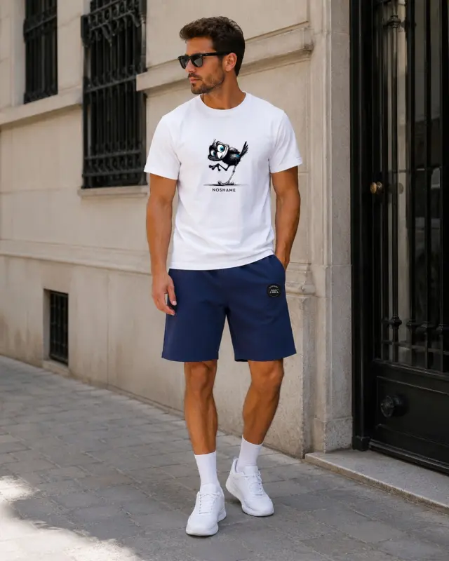 Noshame® Σετ T-shirt & Βερμούδα Λευκό-Navy με τύπωμα - 752625 - M