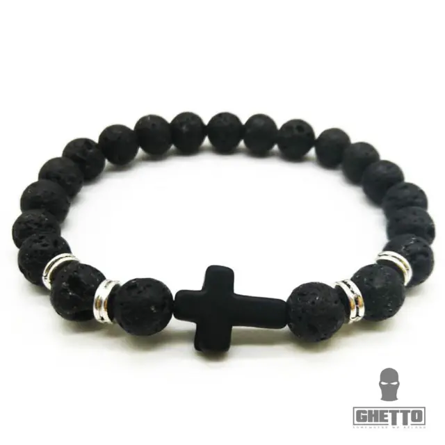 Ghetto Black Cross Natural Stone Elastic Bracelet Silver Lava